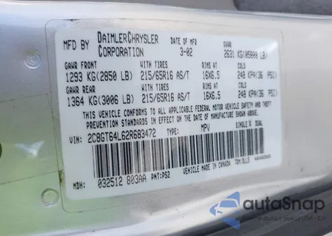 2002 Chrysler Town & Country Limited из США, поврежденный, VIN 2C8GT64L62R683472